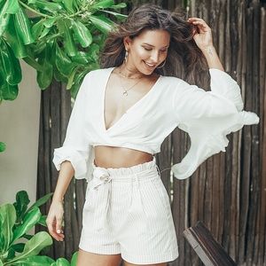 White bell sleeve plunge neck crop top